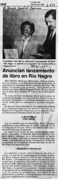 Anuncian lanzamiento de libro en Río Negro  [artículo].