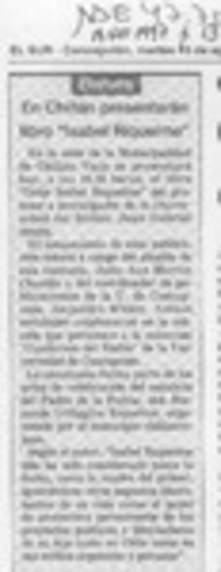 En Chillán presentarán libro "Isabel Riquelme"  [artículo].