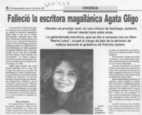 Falleció la escritora magallánica Agata Gligo  [artículo].