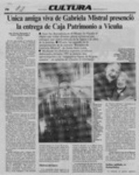 Unica amiga viva de Gabriela Mistral presenció la entrega de Caja Patrimonio a Vicuña