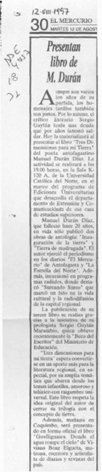 Presentan libro de M. Durán  [artículo].