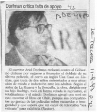Dorfman critica falta de apoyo  [artículo].