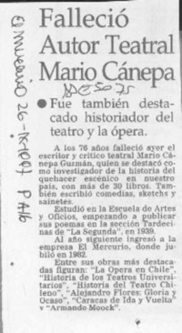 Falleció autor teatral Mario Cánepa  [artículo].