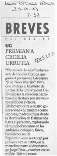 Premian a Cecilia Urrutia  [artículo].