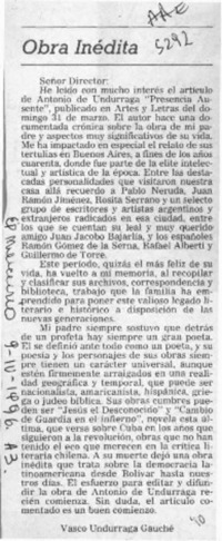 Obra inédita  [artículo] Vasco Undurraga Gauché.