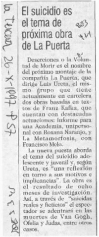 El Suicidio es el tema de próxima obra de La Puerta  [artículo].