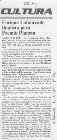 Enrique Lafourcade finalista para Premio Planeta  [artículo].