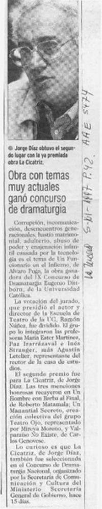 Obra con temas muy actuales ganó concurso de dramaturgia  [artículo].