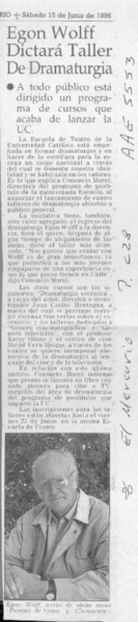 Egon Wolff dictará taller de dramaturgia  [artículo].