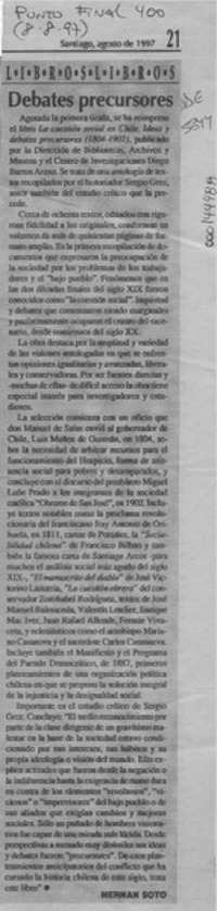 Debates precursores  [artículo] Hernán Soto.