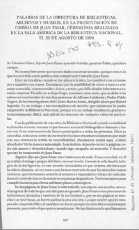 Palabras de la Directora de Bibliotecas, Archivos y Museos, en la presentación de Umbral de Juan Emar  [artículo].