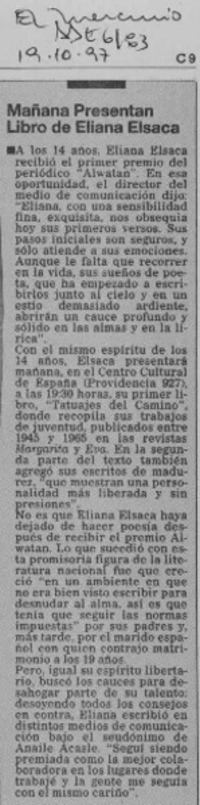 Mañana presentan libro de Eliana Elsaca  [artículo].