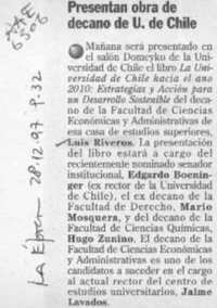 Presentan obra de decano de U. de Chile  [artículo].