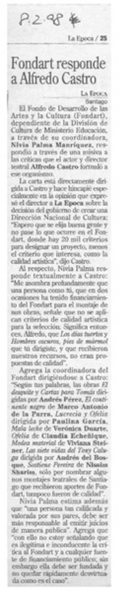 Fondart responde a Alfredo Castro  [artículo].