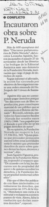 Incautaron obra sobre P. Neruda  [artículo].