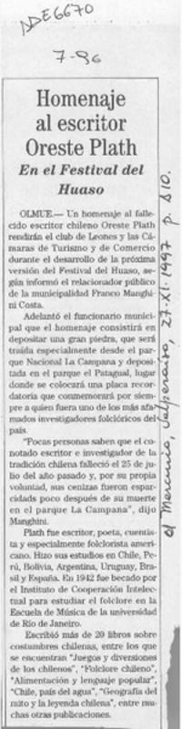 Homenaje al escritor Oreste Plath en el Festival del Huaso  [artículo].