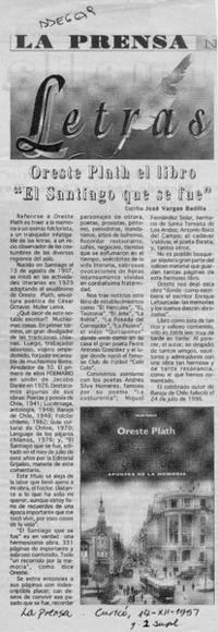 Oreste Plath, el libro "El Santiago que se fue"  [artículo] José Vargas Badilla.