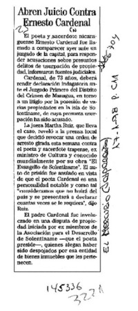 Abren juicio contra Ernesto Cardenal