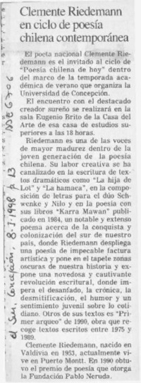 Clemente Riedemann en ciclo de poesía chilena contemporánea  [artículo].