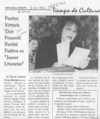 Poetisa Victoria Sfeir presentó recital poético en "Jueves Literarios"  [artículo].