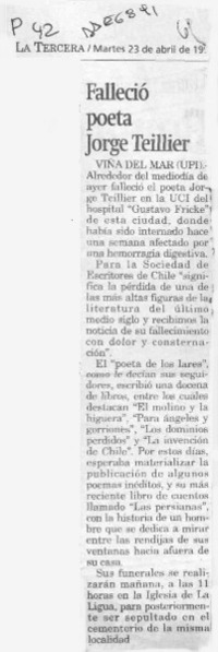 Falleció poeta Jorge Teillier  [artículo].