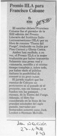 Premio IILA para Francisco Coloane  [artículo].
