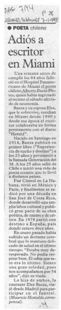 Adiós a escritor en Miami  [artículo].