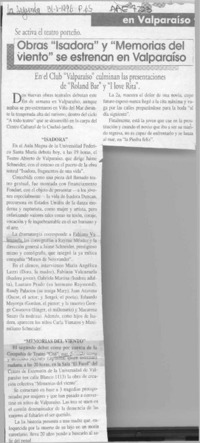 Obras "Isadora" y "Memorias del viento" se estrenan en Valparaíso  [artículo].
