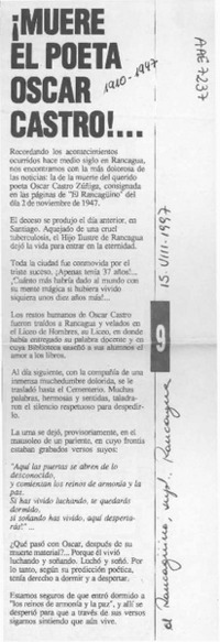 !Muere el poeta Oscar Castro!  [artículo].