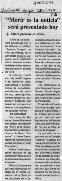 "Morir es la noticia" será presentado hoy  [artículo].
