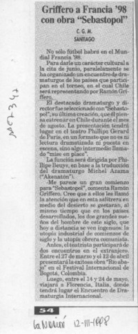 Griffero a Francia 98 con obra "Sebastopol"  [artículo] C. G. M.