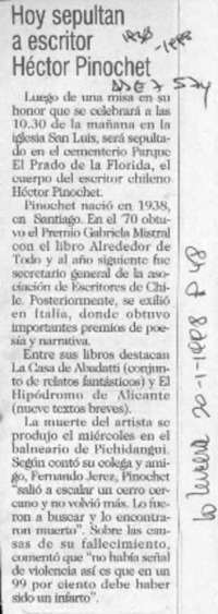 Hoy sepultan a escritor Héctor Pinochet  [artículo].