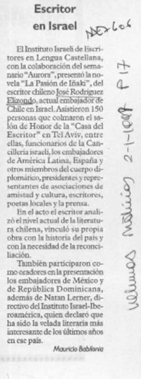 Escritor en Israel  [artículo] Mauricio Babilonia.