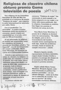 Religiosa de claustro chilena obtuvo premio Gems televisión de poesía  [artículo].