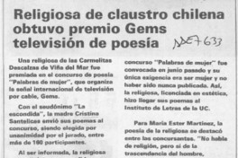Religiosa de claustro chilena obtuvo premio Gems televisión de poesía  [artículo].