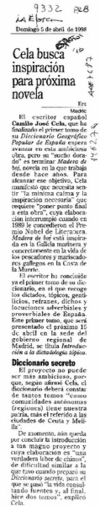 Cela busca inspiración para próxima novela  [artículo].