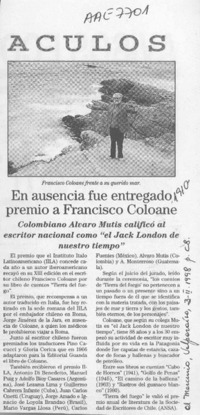 En Ausencia fue entregado premio a Francisco Coloane  [artículo].
