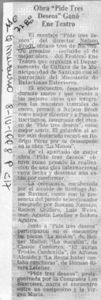 Obra "Pide tres deseos" ganó Ene Teatro  [artículo].