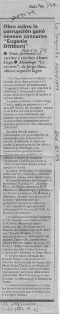 Obra sobre la corrupción ganó noveno concurso "Eugenio Dittborn"  [artículo].
