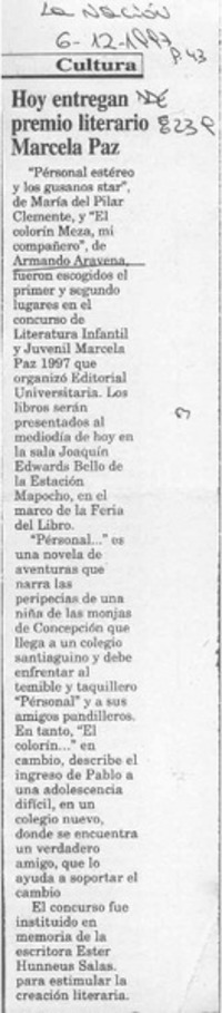 Hoy entregan premio literario Marcela Paz  [artículo].