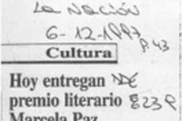 Hoy entregan premio literario Marcela Paz  [artículo].