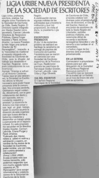 Ligia Uribe nueva presidenta de la sociedad de escritores  [artículo].