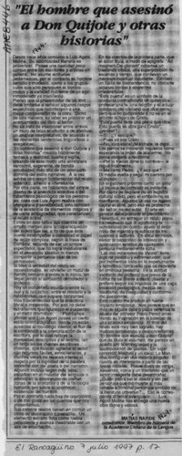"El hombre que asesinó a don Quijote y otras historias"  [artículo] Matías Rafide.