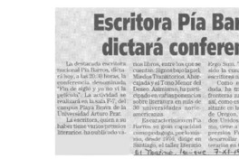 Escritora Pía Barros dictará conferencia  [artículo].