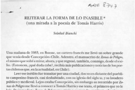 Reiterar la forma de lo inasible, una mirada a la poesía de Tomás Harris  [artículo] Soledad Bianchi.