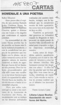 Homenaje a una poetisa  [artículo] Liliana López Bustos.