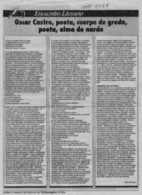 Oscar CAstro, poeta, cuerpo de greda, poeta, alma de nardo  [artículo] Mario Noceti Z.