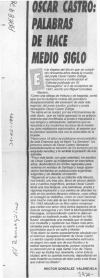 Oscar Castro, palabras de hace medio siglo  [artículo] Héctor Gonzælez Valenzuela.