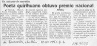 Poeta quirihuano obtuvo premio nacional  [artículo] Wilson Ponce Hernández.