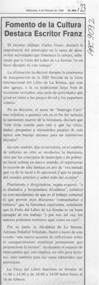 Fomento de la cultura destaca escritor Franz  [artículo].